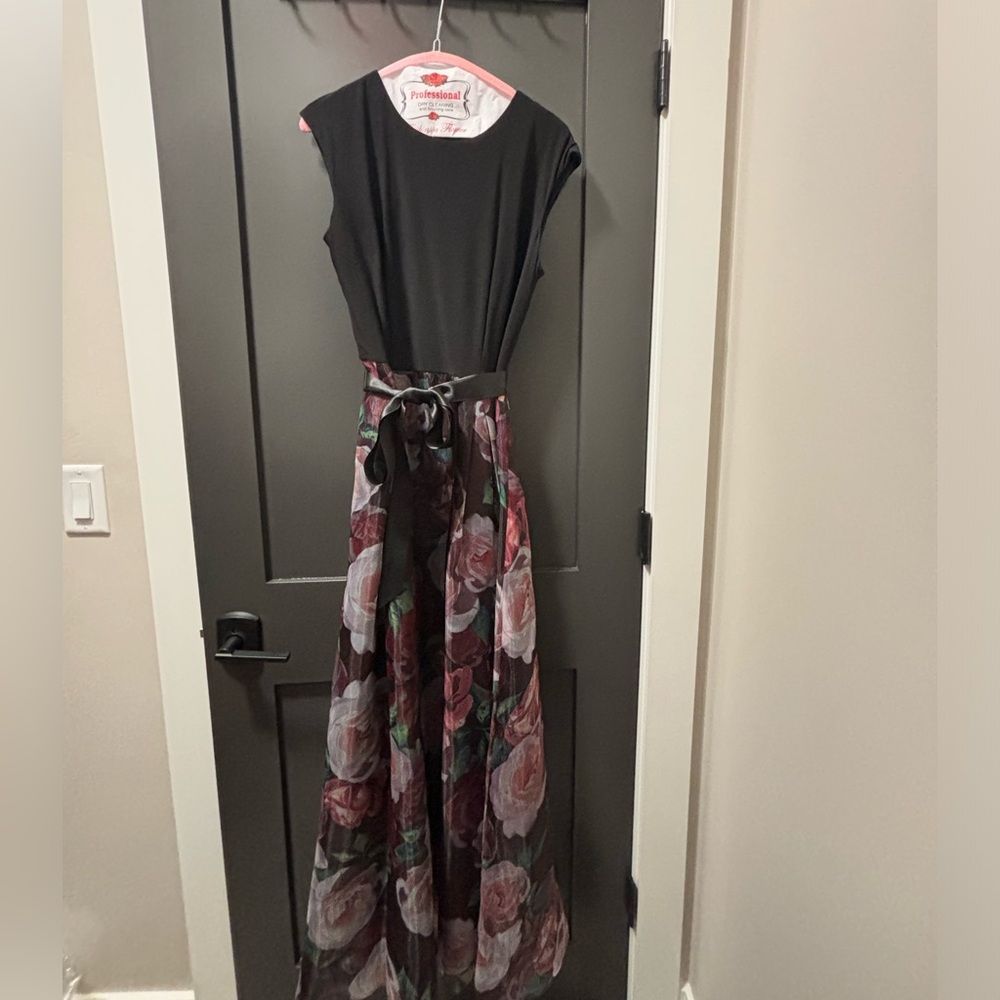 Floral Organza Gown, Burgundy flowers.